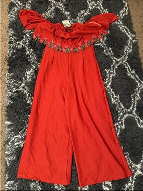 Red/Orange Off-Shoulder Embroidered Wide-Leg Capri Jumpsuit